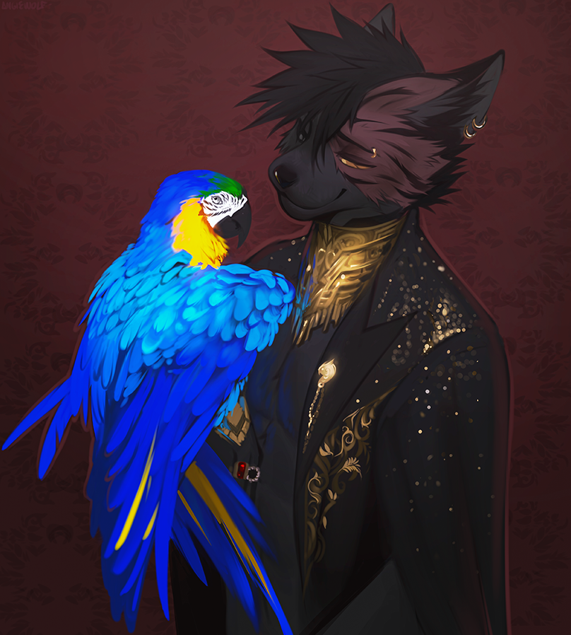 2021 angiewolf anthro avian beak bird blue_body blue_feathers duo ear_piercing feathers fur macaw male mammal neotropical_parrot parrot piercing prince royalty simple_background smile true_parrot