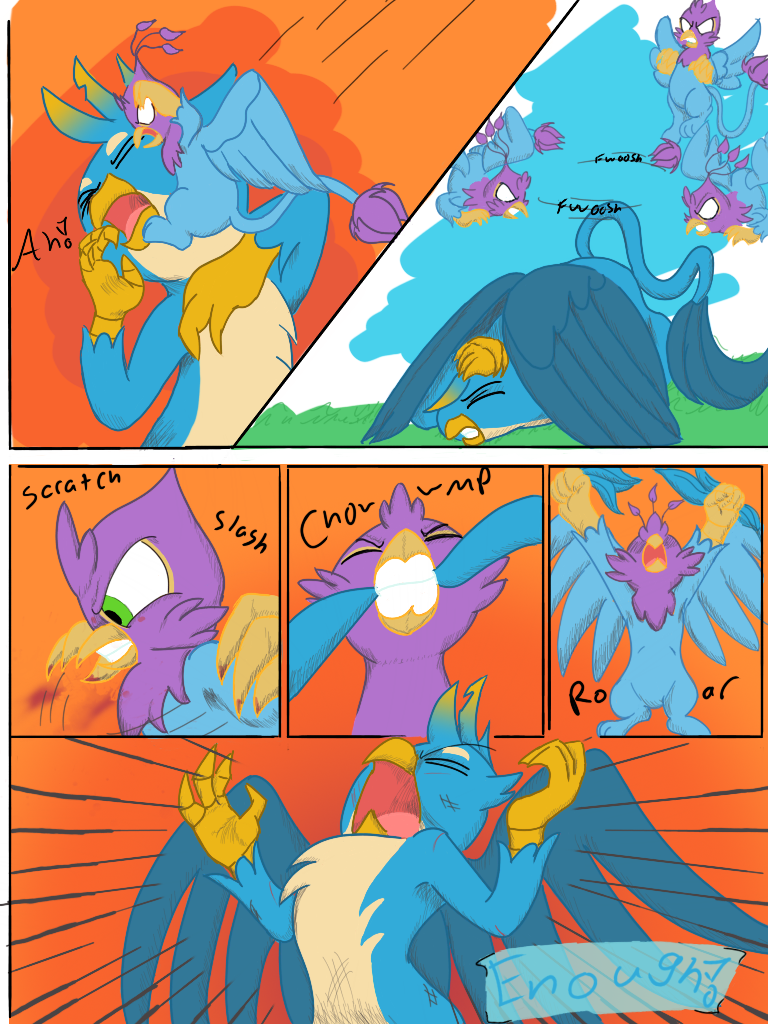 3:4 avian beak bird bird_feet bite blue_body blue_eyes charlyhorse clenched_teeth comic eyes_closed feathered_crest feathered_wings feathers feral fight friendship_is_magic galliform gallus_(mlp) green_eyes gryphon gyro_feather hasbro head_crest male micro my_little_pony mythological_avian mythology paws peafowl phasianid pink_body punch quadruped size_difference tail_torture tail_tuft teeth tuft wings