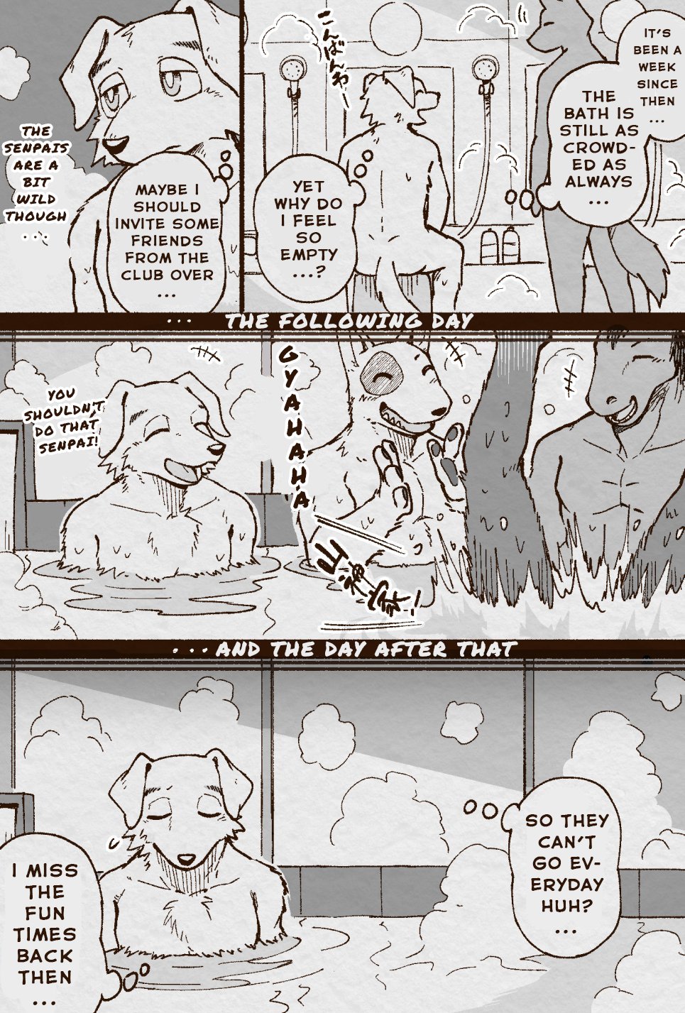 anthro bath bathhouse canid canine canis comic dark_ishihara domestic_dog english_text equid equine eyes_closed group happy hi_res horse kaneinu_kosuke laugh lonely male mammal muscular muscular_male nude open_mouth partially_submerged sad smile text translated water