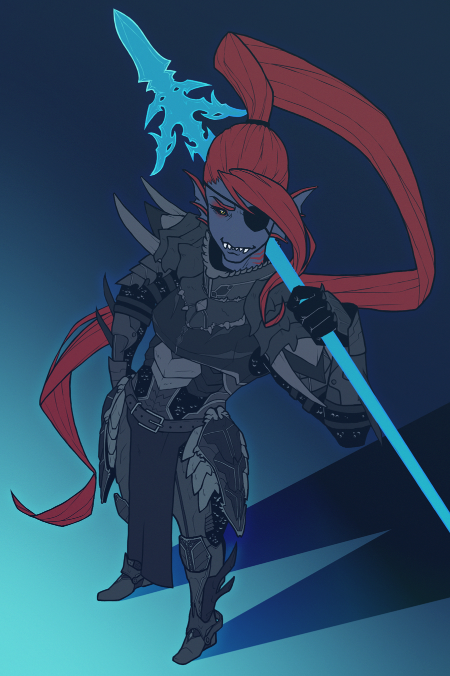 2:3 animal_humanoid armor armored_boots armored_gloves belt blue_body blue_skin eye_patch eyewear female fin fish fish_humanoid gills hair hi_res holding_object holding_weapon humanoid marine marine_humanoid melee_weapon plushyrobot polearm ponytail red_hair solo spear undertale_(series) undyne weapon