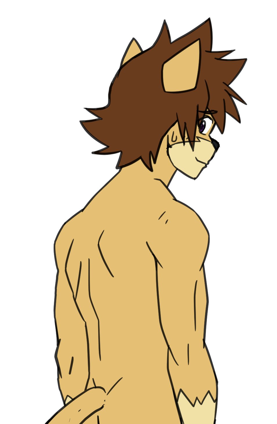 anthro athletic athletic_anthro athletic_male bodily_fluids brown_hair clothed clothing domestic_cat felid feline felis fur hair hi_res hiro_(raxkiyamato) looking_at_viewer looking_back male mammal purple_eyes raxkiyamato simple_background smile solo standing sweat sweatdrop topless white_background yellow_body yellow_fur