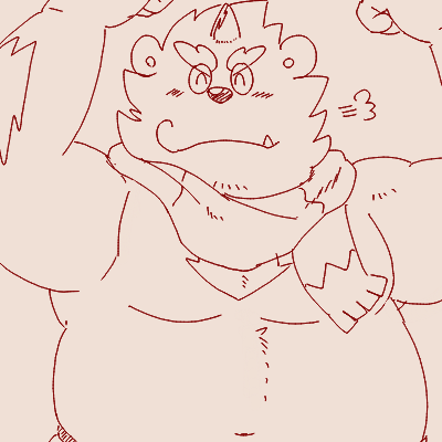 1:1 another_eidos_of_dragon_vein_r anthro belly blush cute_fangs flexing low_res male musclegut navel patty_(anothereidos_r) pecs run_aki scarf sketch solo yeti