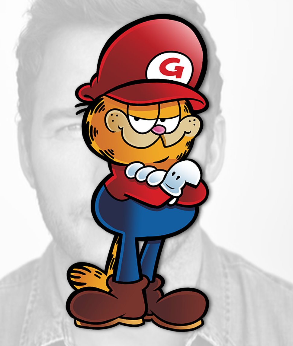 2021 anthro biped boots chris_pratt clothed clothing crossed_arms crossover domestic_cat downrightshoddy felid feline felis footwear fully_clothed garfield_(series) garfield_the_cat gloves half-closed_eyes handwear looking_at_viewer male mammal mario mario_bros narrowed_eyes nintendo parody photo_background pink_nose standing video_games white_clothing white_gloves white_handwear