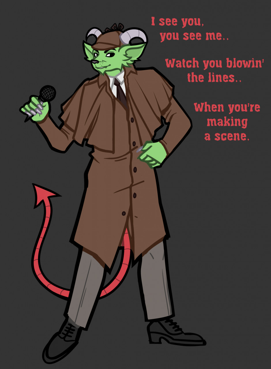 anthro detective_outfit fur green_body green_fur hi_res male mic quadlinda red_text solo text