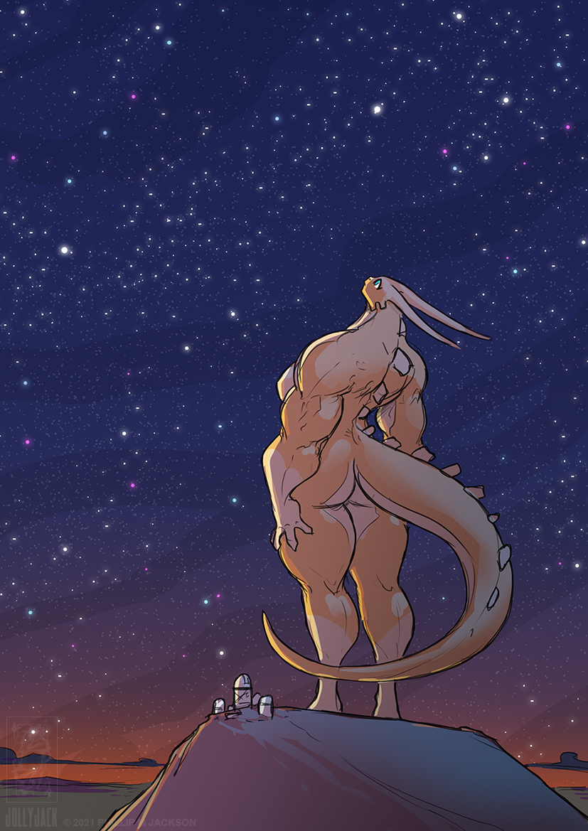 2021 anthro breasts butt cloud conditional_dnp female horn jollyjack kaiju macro mountain muscular muscular_arms muscular_female muscular_thighs night nude observatory orange_body orange_scales outside scales scalie side_boob sky solo star starry_sky