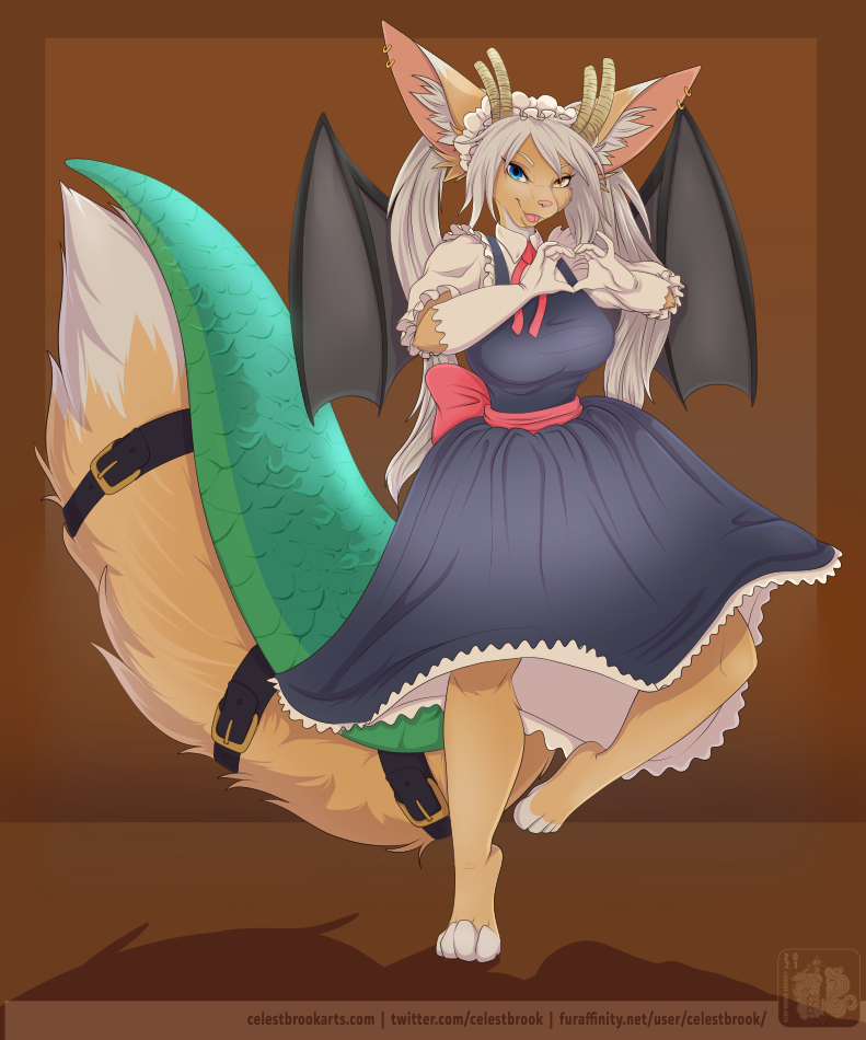 anthro big_ears blue_eyes brown_body brown_fur canid canine celestbrook cosplay female fennec fox fur heterochromia hybrid mammal mink miss_kobayashi's_dragon_maid mustelid musteline rose_dandy-ba solo tohru_(dragon_maid) true_musteline yellow_eyes