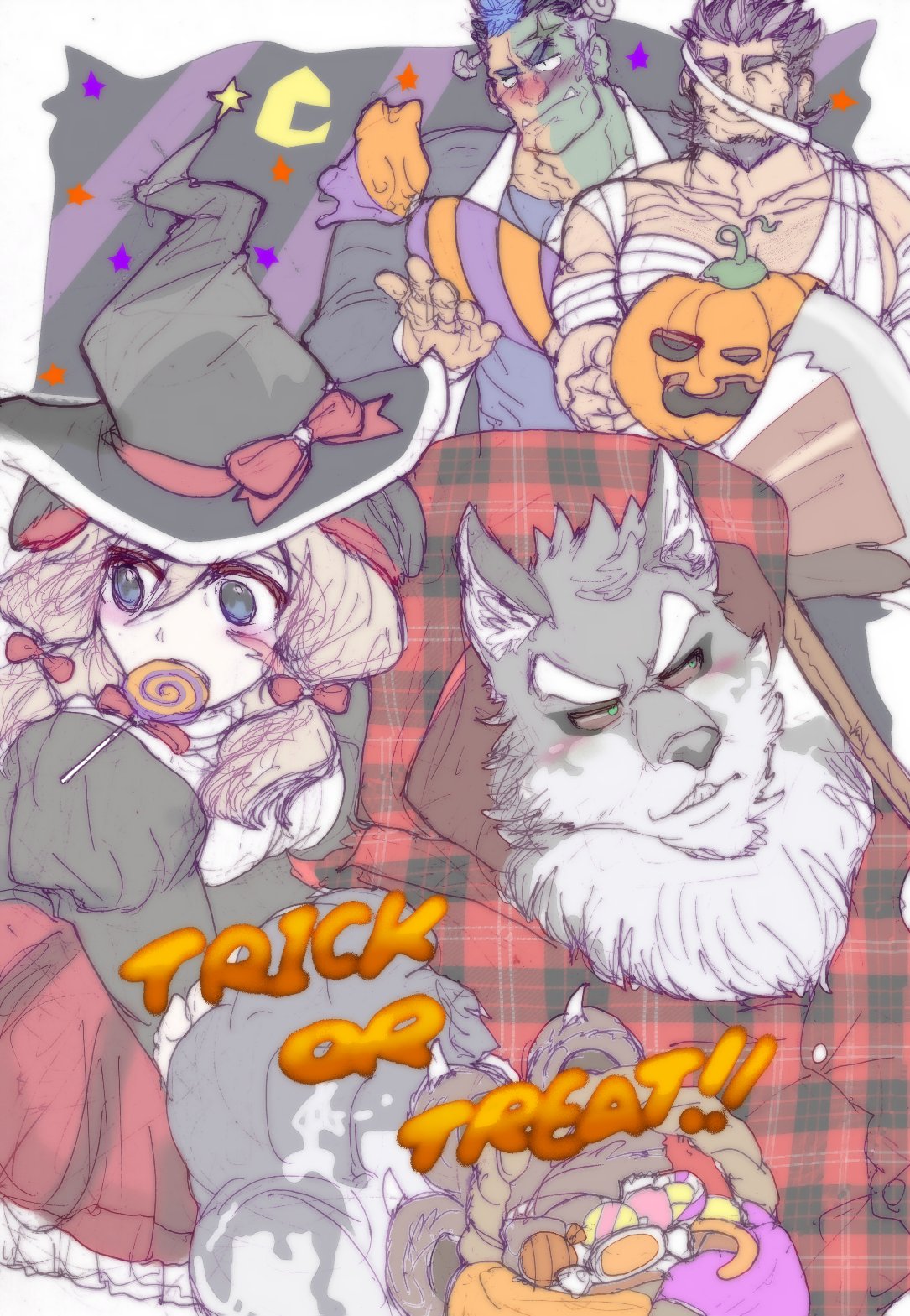 anthro black_hair blonde_hair blush candy canid canine canis clothing dessert domestic_dog dorayakich exio female food frankenstein_costume group hair halloween hat headgear headwear hi_res holidays human husky jack-o'-lantern lifewonders live-a-hero lollipop male mammal melide monomasa mummy_costume muscular muscular_anthro muscular_human muscular_male nordic_sled_dog ribbons spitz video_games witch_costume witch_hat yoshiori_(live-a-hero)