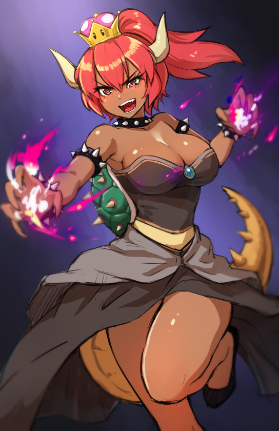 2_horns animal_humanoid armband bangs bare_shoulders big_breasts black_clothing black_dress bowser bowsette_meme bracelet breasts brooch brown_body brown_skin cleavage clothed clothing collar collarbone colored_fire crossed_bangs crossgender crown dress eyebrow_through_hair eyebrows female fire hair hair_between_eyes high_ponytail horn humanoid jewelry koopa_humanoid long_hair long_tail looking_at_viewer mario_bros maritan maritan_(pixelmaritan) meme mtf_crossgender nails nintendo open_mouth ponytail purple_fire red_eyes red_hair scalie scalie_humanoid sharp_nails shell sleeveless_dress solo spiked_armband spiked_bracelet spiked_collar spiked_shell spiked_tail spikes spikes_(anatomy) strapless_clothing strapless_dress super_crown teeth tongue translucent translucent_hair turtle_shell video_games