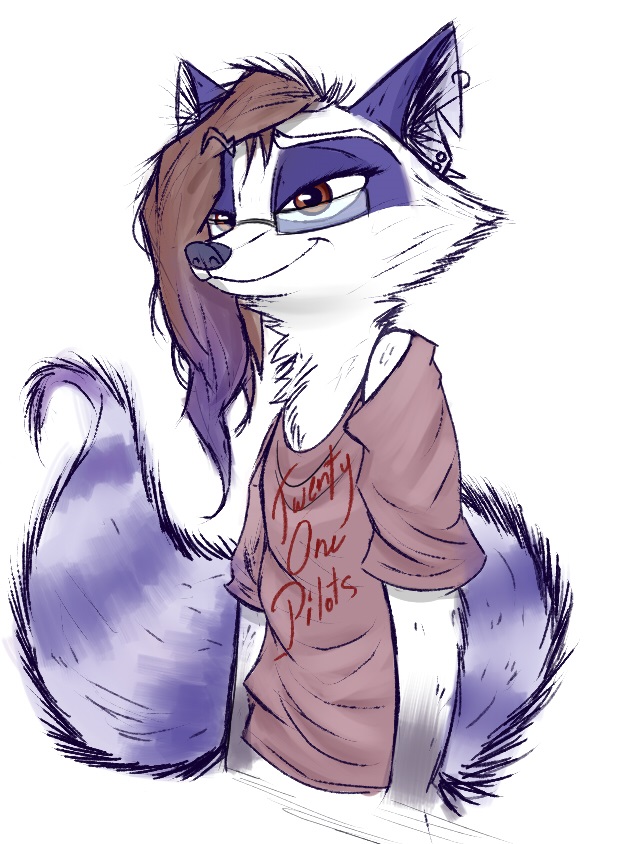 anthro clothed clothing digital_media_(artwork) eyewear female glasses hair juantriforce mammal notched_ear procyonid raccoon shaded shirt simple_background smile solo text text_on_clothing text_on_shirt text_on_topwear topwear twenty_one_pilots white_background