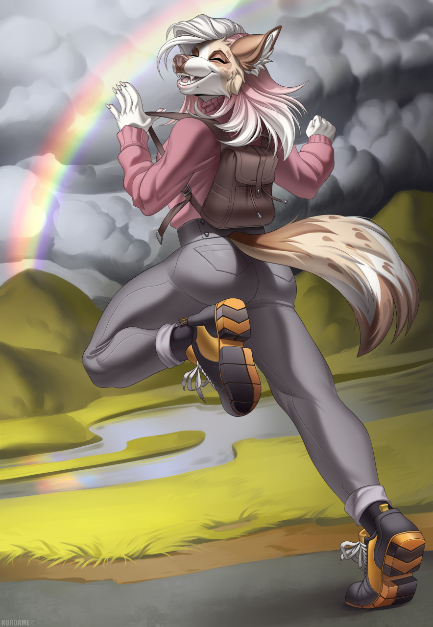 2021 5_fingers anthro breasts canid canine canis clothed clothing day detailed_background digital_media_(artwork) domestic_dog female fingers footwear hi_res kuroame mammal open_mouth outside rainbow reign_(scfiii) shoes smile teeth tongue