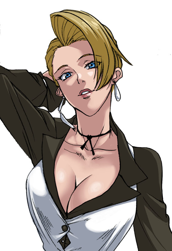 bad_id bad_pixiv_id blonde_hair blue_eyes breasts cleavage earrings jewelry large_breasts mature_(kof) momiyarou solo the_king_of_fighters