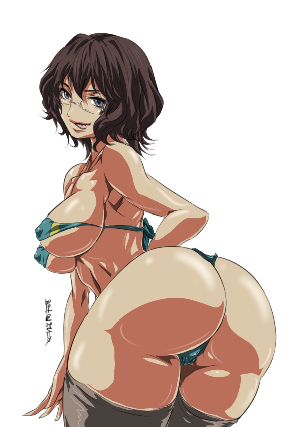 :p ass back bent_over bikini black_hair blue_eyes breasts covered_nipples glasses gundam gundam_00 huge_ass large_breasts looking_back madhatter_hello micro_bikini naughty_face shirin_bakhtiar short_hair solo swimsuit thighhighs thong_bikini tongue tongue_out underboob