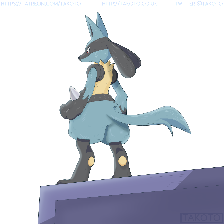 2018 ambiguous_gender anthro black_fur blue_fur canine digital_media_(artwork) fur lucario male mammal nintendo pok&eacute;mon pok&eacute;mon_(species) simple_background solo takoto video_games