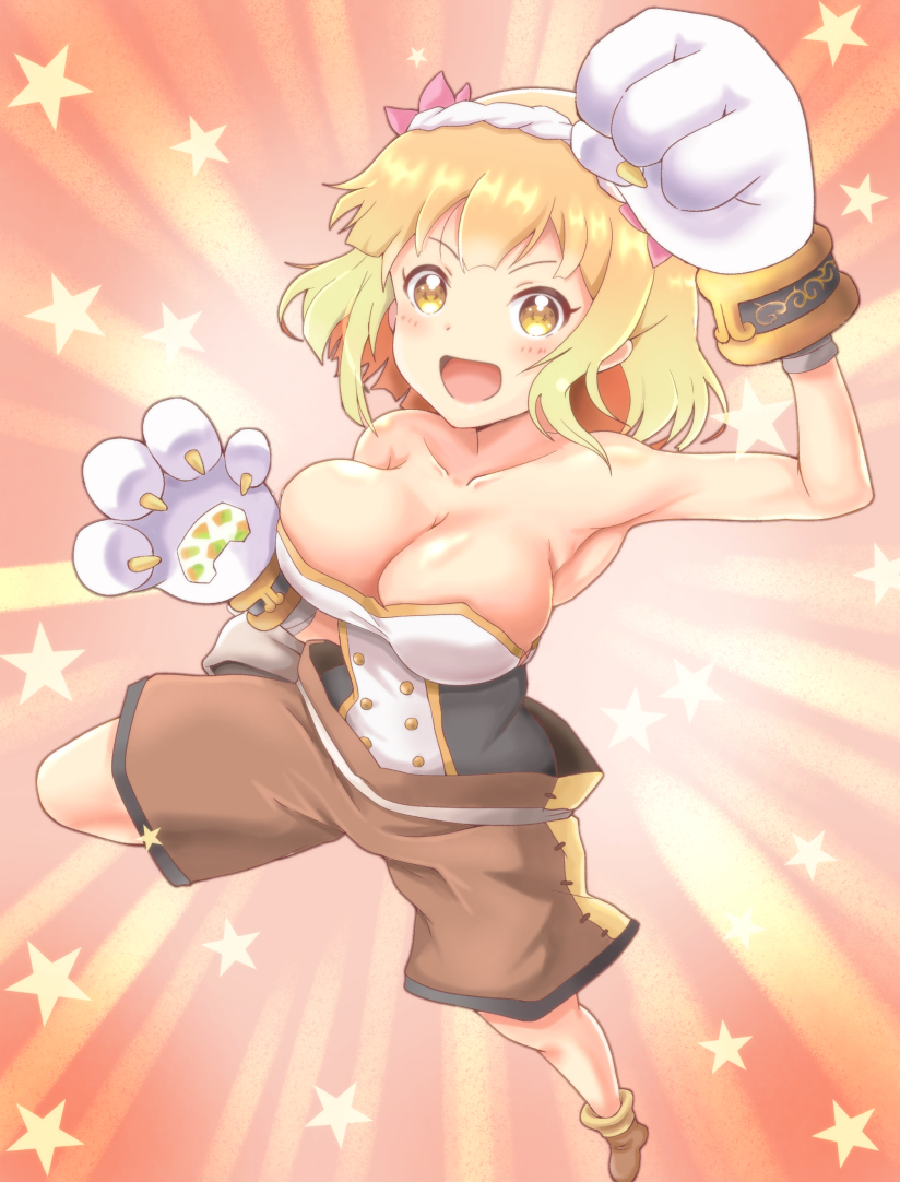 1girl :d blonde_hair blush breasts brown_footwear brown_shorts collarbone endro! fai_fai full_body large_breasts open_mouth orange_background paws samenoido shorts smile solo star v-shaped_eyebrows yellow_eyes