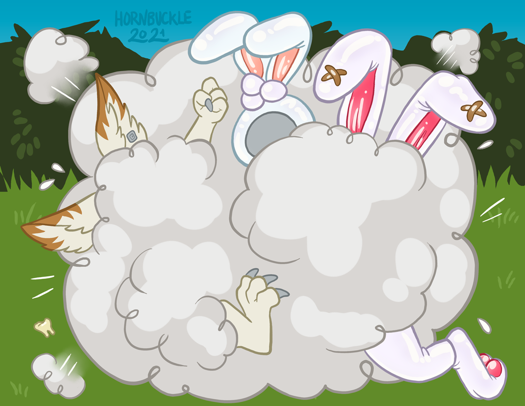 2021 3_fingers 3_toes 4_fingers anthro blind_eye bunny_costume claws clothed clothing costume digital_drawing_(artwork) digital_media_(artwork) duo easter fake_ears fake_rabbit_ears feet fight fingers fish fizz_(lol) fur glistening hindpaw holidays hornbuckle kled_(lol) lagomorph league_of_legends leporid male mammal marine pawpads paws plant rabbit riot_games rubber simple_background toe_claws toes toony video_games yordle
