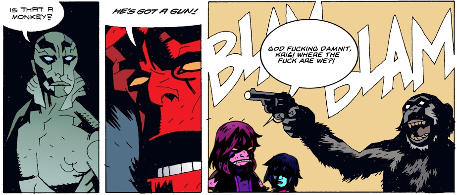 2021 angry anthro bbgatile clothed clothing comic deltarune demon dialogue dinosaur english_text feral group gun haplorhine hellboy_(character) hellboy_(series) holding_gun holding_object holding_weapon human humanoid humor is_that_a_monkey kris_(deltarune) kris_where_are_we lol_comments mammal meme monkey parody primate profanity ranged_weapon reptile scalie sound_effects speech_bubble style_parody susie_(deltarune) text undertale_(series) video_games weapon