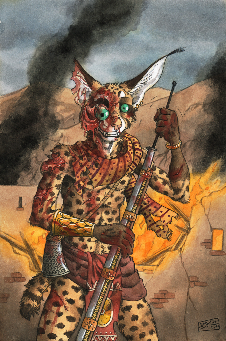 0laffson 2021 anthro blood bodily_fluids caracal caracal_(genus) clenched_teeth day detailed_background felid feline fur gore green_eyes gun head_wound hi_res holding_object holding_weapon looking_at_viewer male mammal nur_(0laffson) outside ranged_weapon sky smile smoke solo teeth weapon wounded