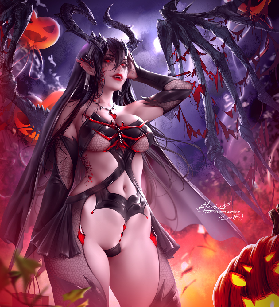 big_breasts breasts demon fangs female horn horned_humanoid humanoid humanoid_pointy_ears jack-o'-lantern lerapi not_furry solo succubus thick_thighs wide_hips winged_humanoid wings