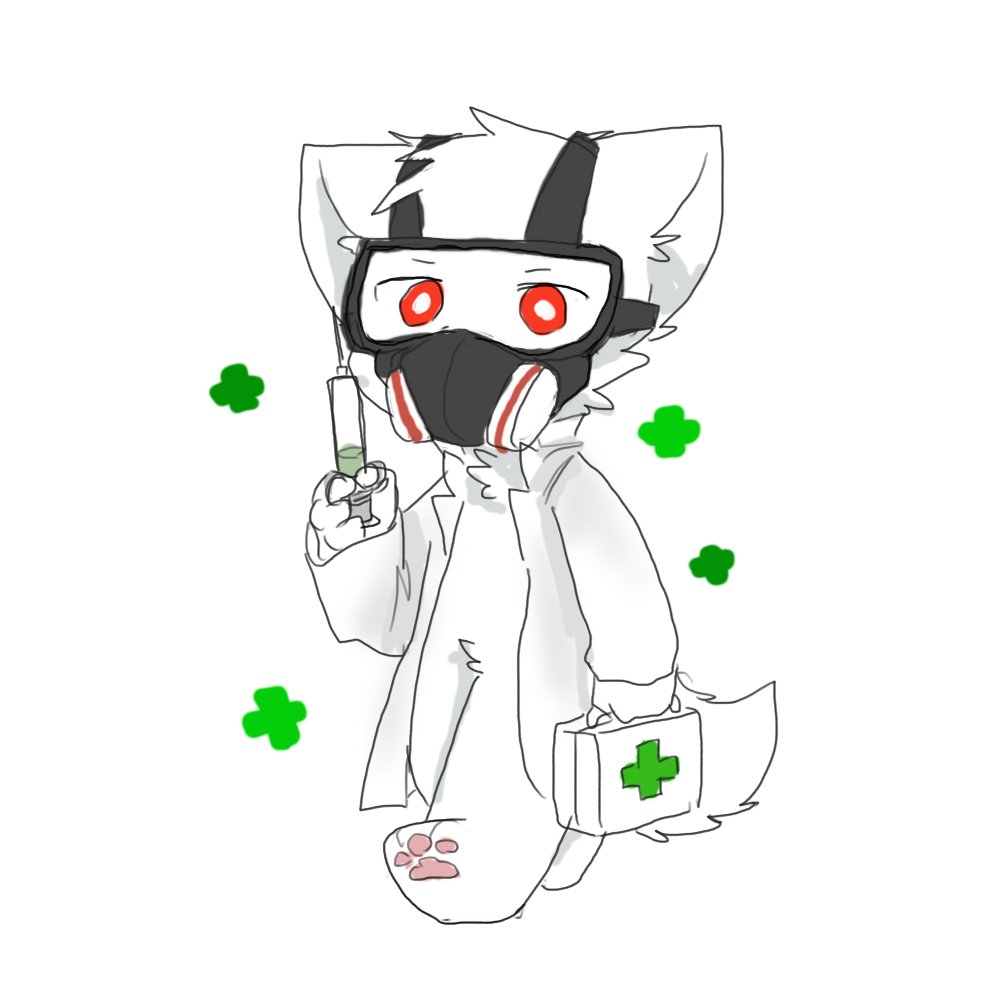 1:1 3_toes 4_fingers anthro canid canine canis changed_(video_game) chano cheek_tuft chest_tuft clothing coat crotch_tuft doctor dr._k_(changed) facial_tuft feet fingers first_aid_kit fur gas_mask head_tuft holding_object lab_coat male mammal mask medical medical_instrument pawpads paws red_eyes scientific_instrument solo syringe toes topwear tuft walking white_back white_body white_fur wolf