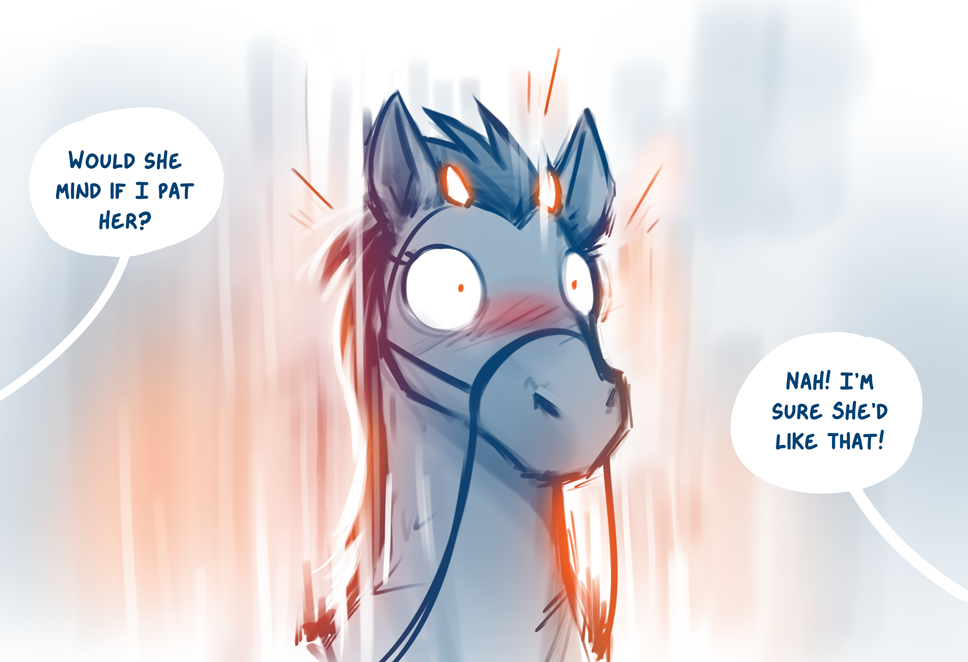 2021 alternate_species blue_background blush conditional_dnp dialogue embarrassed english_text equid equine female feral gradient_background horn horse madam_reni_(twokinds) mammal monochrome restricted_palette simple_background sketch solo surprise text tom_fischbach twokinds unseen_character webcomic