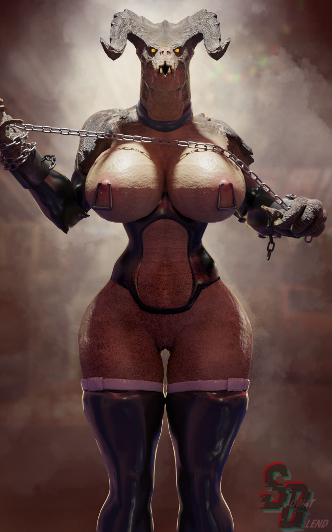 10:16 2020 3d_(artwork) animal_humanoid anthro bethesda bethesda_softworks big_breasts breasts chain claws clothed clothing collar corset deathclaw digital_media_(artwork) fallout female genitals horn humanoid leather leather_clothing lingerie looking_at_viewer nipple_piercing nipples piercing pussy reptile scalie simple_background solo solo_focus sowat-blend topwear video_games