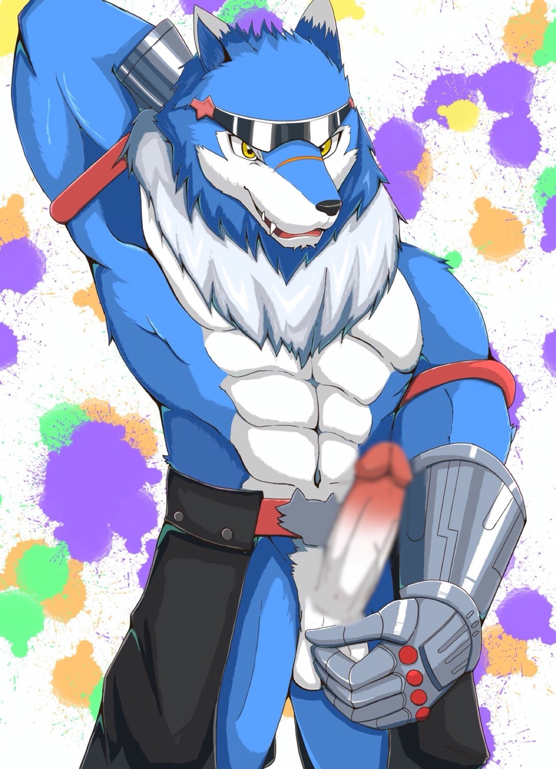 abs anthro balls bandai_namco blue_body blue_fur canid canine canis censored clothed clothing cybernetics cyborg digimon digimon_(species) erection eyewear fur genitals hand_behind_head hi_res ineffective_censorship lukewarm machgaogamon machine male mammal muscular muscular_anthro muscular_male partially_clothed pecs penis scar solo sunglasses topless topless_male wolf yellow_eyes