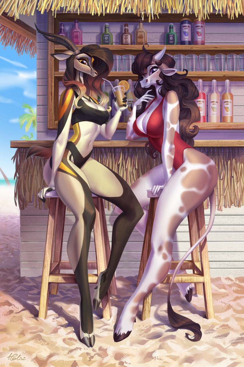 alcohol angel_(zoy) antelope anthro beach beverage bikini blizzard_entertainment bovid bovine breasts cattle cleavage clothed clothing duo female furniture gazelle hi_res holivi hooves horn mammal one-piece_swimsuit plant sand seaside stool swimwear tauren tiki_bar tree video_games warcraft zahra_(airheart)
