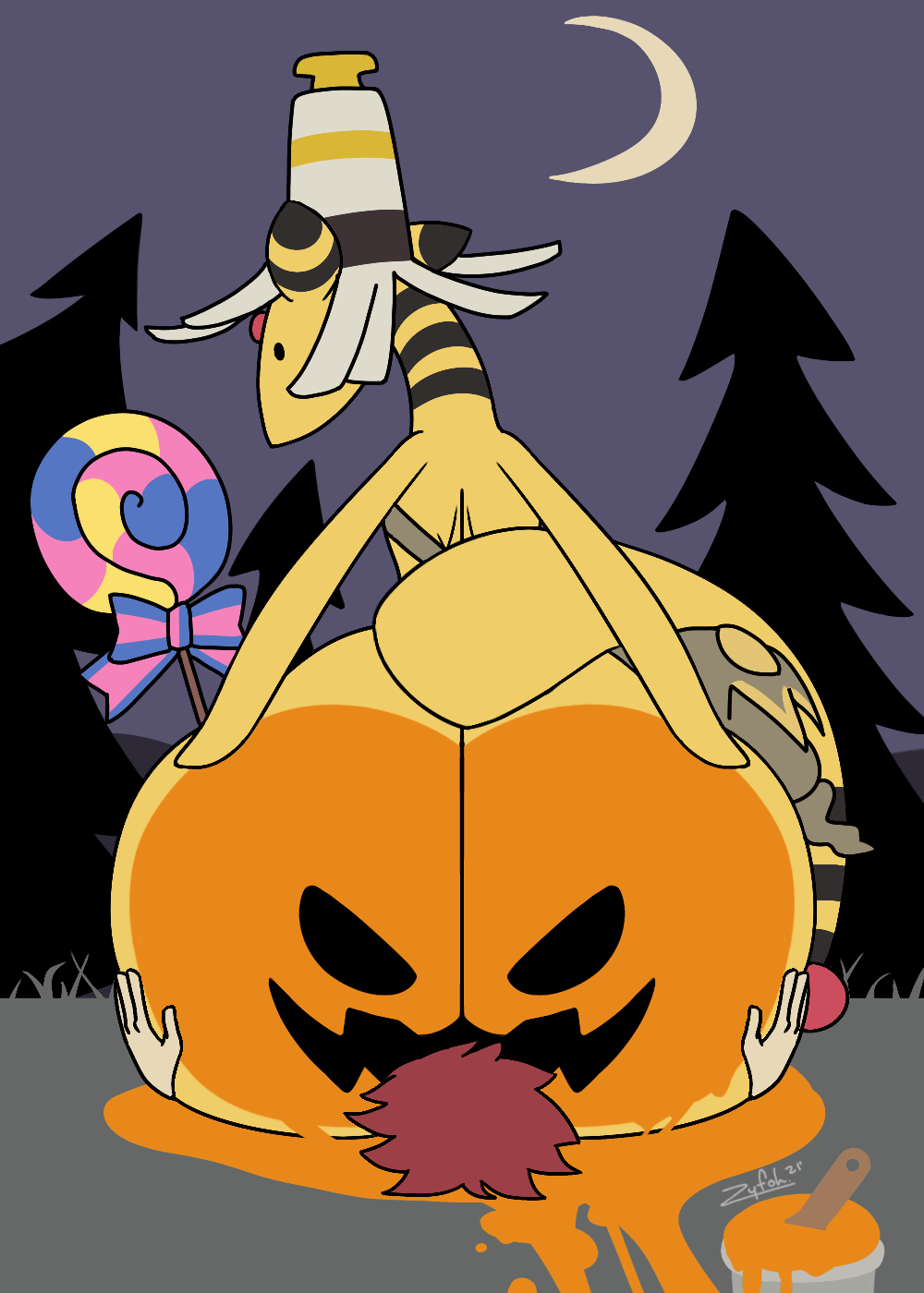 ampharos animated big_butt butt butt_jiggle duo facesitting food fruit halloween hi_res holidays huge_butt human male male/male male_on_top mammal nintendo on_bottom on_top outside paint plant pok&eacute;mon pok&eacute;mon_(species) pumpkin pumpkin_butt short_playtime size_difference smaller_human smaller_male smothering video_games zyfoh