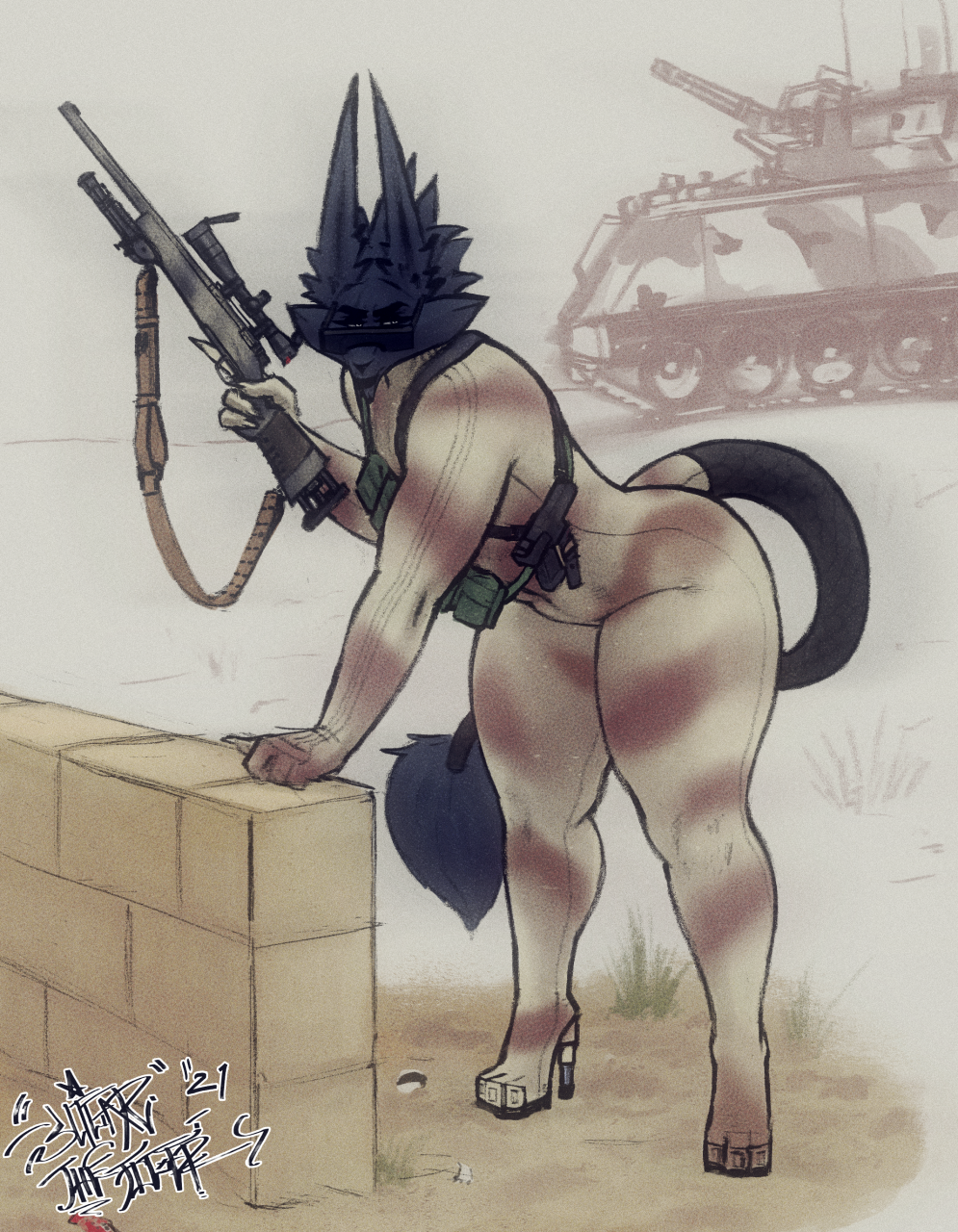 2021 4_fingers anthro black_body black_fur bodysuit camo canid canine canis clothed clothing dubmare eyebrows eyewear female fingers fur gun hi_res high_heels leaning leaning_forward long_ears mammal outside ranged_weapon signature skinsuit sligarthetiger solo sunglasses tank thick_thighs tight_clothing vehicle weapon wide_hips wolf