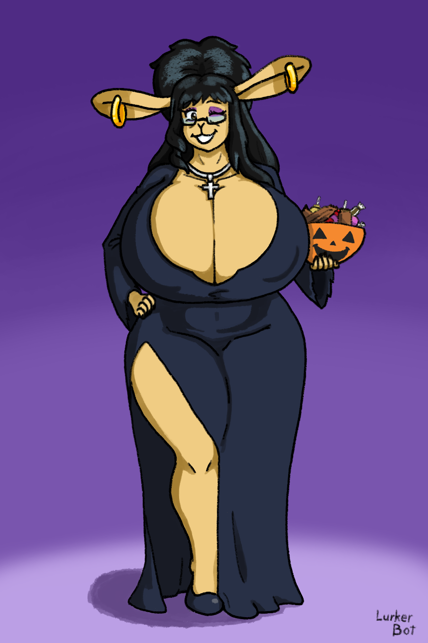 anthro big_breasts black_hair bowl breasts candy cleavage clothed clothing container cosplay costume cross cross_necklace dessert digital_media_(artwork) dress ear_piercing ear_ring elvira elvira:_mistress_of_the_dark eyewear female food fur glasses hair halloween hi_res holidays huge_breasts jewelry lagomorph leporid long_hair looking_at_viewer lurker_bot mammal maryanne_(lurker_bot) mature_anthro mature_female necklace piercing rabbit simple_background smile solo thick_thighs wide_hips wig