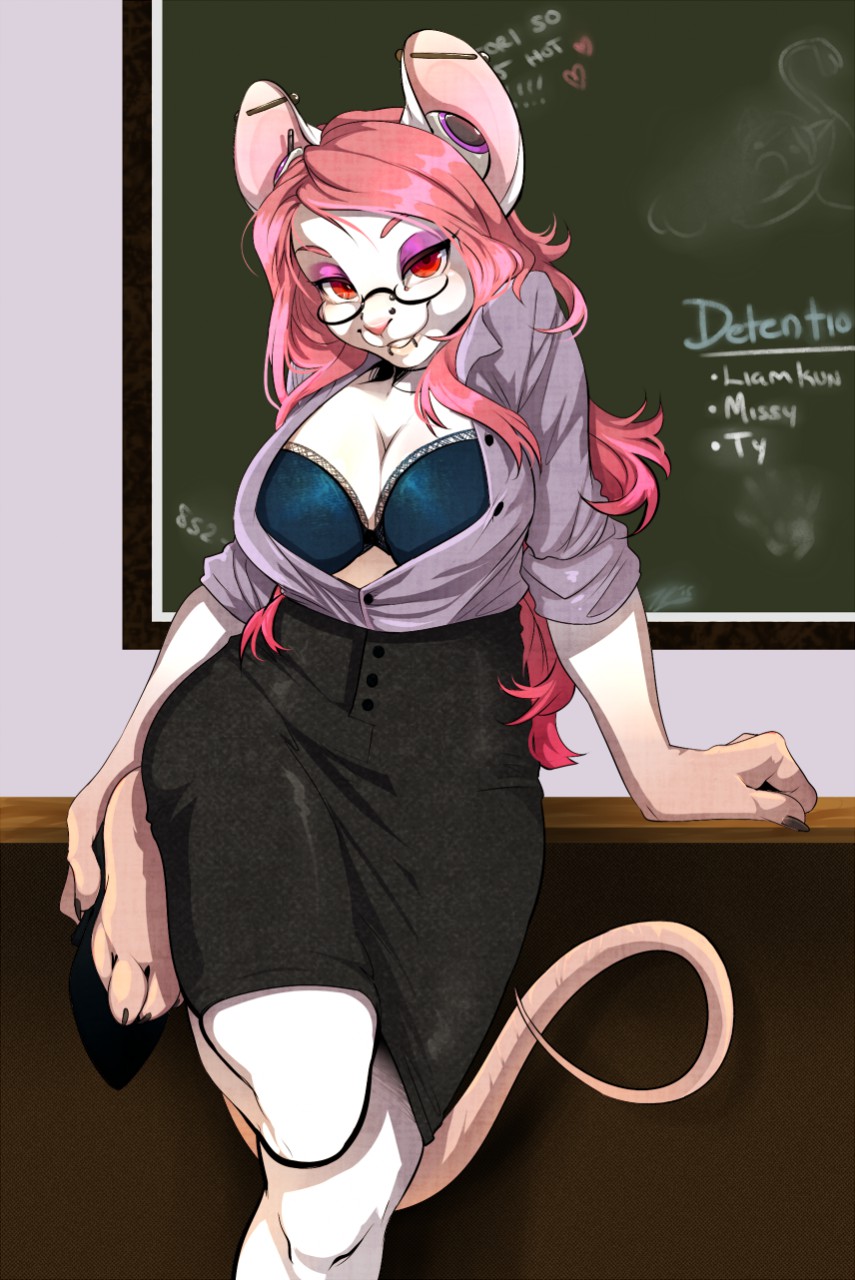 anthro bottomwear bra chalkboard classroom clothing ear_piercing eyewear facial_piercing female furgonomics furry-specific_piercing glasses hair hi_res industrial_piercing lip_piercing lip_ring mammal mouse murid murine muzzle_piercing nose_piercing piercing pink_hair red_eyes rodent school sheori skirt snakebite_piercing solo tylowell underwear