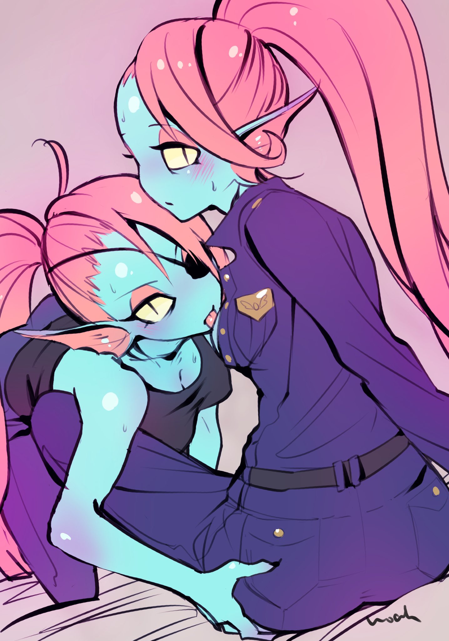 animal_humanoid belt blush bottomwear breast_lick breast_play breasts butt butt_grab clothing deltarune duo eye_patch eyewear female female/female fin fish fish_humanoid hair hand_on_butt hi_res humanoid leaning leaning_forward licking looking_at_viewer marine marine_humanoid noaharbre pants police_uniform ponytail red_hair sitting square_crossover tongue tongue_out undertale undertale_(series) undyne uniform video_games