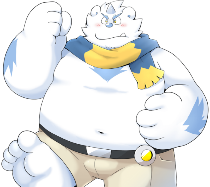 2021 alpha_channel another_eidos_of_dragon_vein_r anthro belly blue_body blush bottomwear bulge clothing cute_fangs kemono male navel official_art overweight overweight_male patty_(anothereidos_r) scarf shorts simple_background solo takataka transparent_background video_games white_body