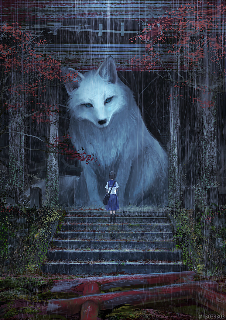 ambiguous_gender arctic_fox arizuka biped blue_eyes canid canine clothed clothing duo female feral fox fur human larger_feral looking_at_another mammal plant quadruped raining ruins sailor_uniform shinto_shrine size_difference smaller_human torii tree watermark white_body white_fur