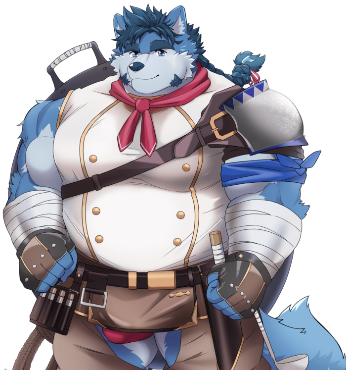 2021 alpha_channel another_eidos_of_dragon_vein_r anthro belly blue_body blue_fur bottomwear bulge canid canine canis clothed clothing fur humanoid_hands kemono launcher_r male mammal official_art overweight overweight_male pants robin_(anothereidos_r) simple_background solo transparent_background video_games wolf