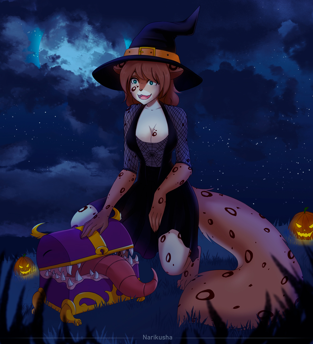 anthro big_breasts breasts butt clothed clothing costume detailed_background digital_media_(artwork) domestic_cat felid feline felis female food fruit fur hair halloween hat headgear headwear holidays kathrin_vaughan legwear magic magic_user mammal markings mimic mimic_chest narikusha night open_mouth pet plant pumpkin smile solo spooky_(disambiguation) thigh_highs twokinds webcomic webcomic_character white_body witch witch_hat