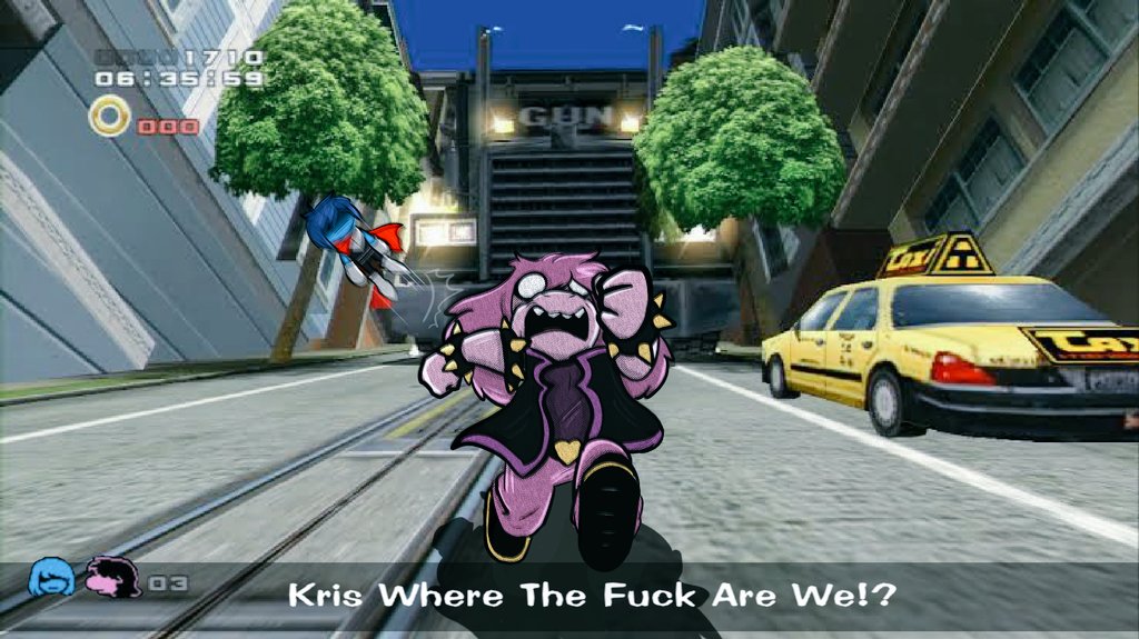 2021 anthro armband bracelet caption clothed clothing deltarune dialogue duo english_text female hair humor jewelry kris_(deltarune) kris_where_are_we long_hair male meme open_mouth outside pariane11 parody profanity purple_body purple_hair running scared screencap screencap_background sega sonic_adventure sonic_the_hedgehog_(series) spiked_armband spiked_bracelet spikes susie_(deltarune) text truck_(vehicle) undertale_(series) vehicle video_games white_eyes
