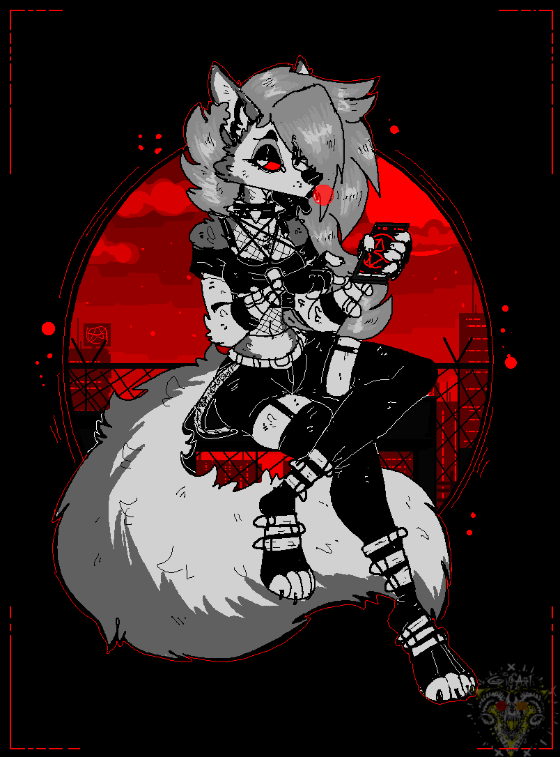 anthro belt bottomwear canid canid_demon canine canis cellphone clothing collar demon digital_media_(artwork) drawing female fingerless_gloves fishnet footwear fur gloves goth grey_body grey_fur grey_hair hair handwear hellhound helluva_boss hotpants leather legwear long_hair long_tail looking_at_viewer loona_(helluva_boss) madnessandgiovanni0595 mammal phone piercing pixel_(artwork) red_eyes rubber shorts simple_background spiked_collar spikes stockings toeless_footwear white_body white_fur wolf