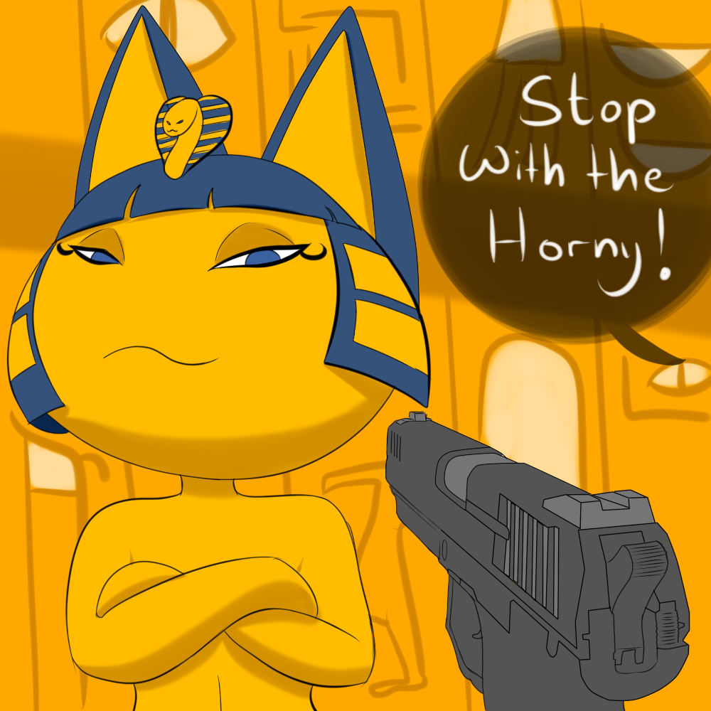 1:1 animal_crossing ankha_(animal_crossing) ankha_zone anthro blackbetty blue_hair domestic_cat english_text felid feline felis female gun hair handgun knife_cat looking_at_viewer mammal meme nintendo nude ranged_weapon smile smirk solo text video_games weapon