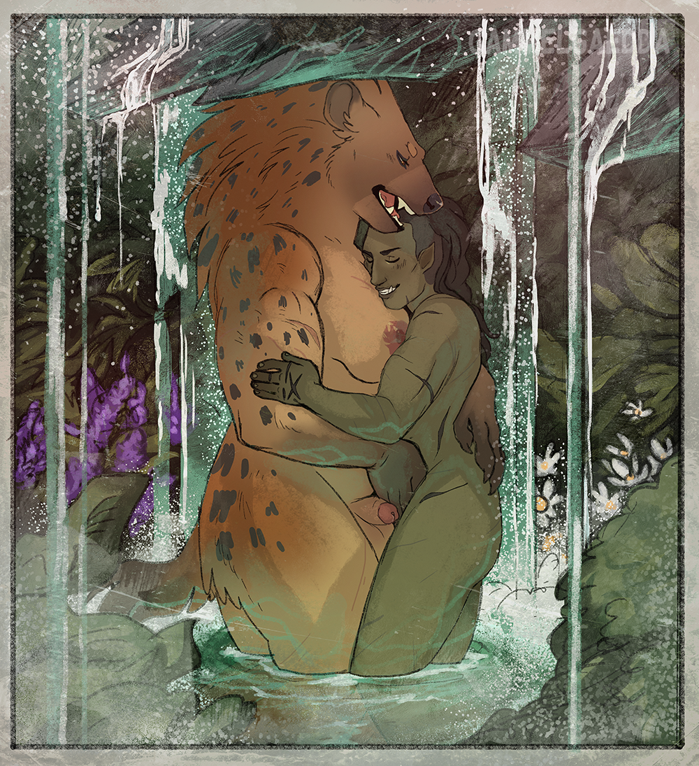 anthro balls border braided_hair breasts digital_media_(artwork) duo embrace eyes_closed female flower fur gammelgaedda genitals gnoll green_body green_skin gynomorph gynomorph/female hair hand_on_butt hot_spring humanoid humanoid_genitalia hyaenid intersex intersex/female long_hair mammal muscular muscular_anthro muscular_gynomorph muscular_intersex nipples nude orc outside partially_submerged penis plant retracted_foreskin scar shaved_sides smile water waterfall