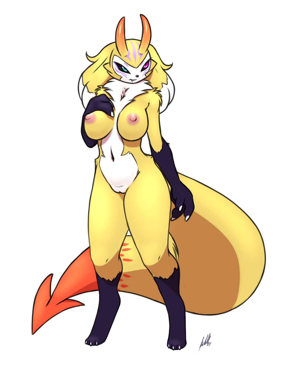 3_fingers 3_toes 4:5 alpha_channel anthro areola bandai_namco big_breasts big_tail biped black_nose black_sclera blonde_hair blue_eyes breasts canid canine cheek_tuft claws countershade_face countershade_fur countershade_torso countershading cute_fangs digimon digimon_(species) digital_media_(artwork) digitigrade dipstick_tail facial_markings facial_tuft fak&eacute;mon fan_character feet female finger_claws fingers front_view full-length_portrait fur furball_(artist) genitals gloves_(marking) hair hand_on_breast head_markings heterochromia hi_res hindpaw hip_tuft horn hybrid impmon_x kyonshimon leg_markings mammal markings multicolored_body multicolored_fur multicolored_hair navel neck_tuft nipples nude orange_body orange_fur orange_tail paws pink_areola pink_nipples portrait purple_body purple_eyes purple_fur purple_markings pussy red_horn renamon shoulder_tuft simple_background socks_(marking) solo spade_tail standing tail_markings toe_claws toes transparent_background tuft two_tone_hair two_tone_tail white_body white_claws white_countershading white_fur white_hair yellow_body yellow_fur yellow_tail