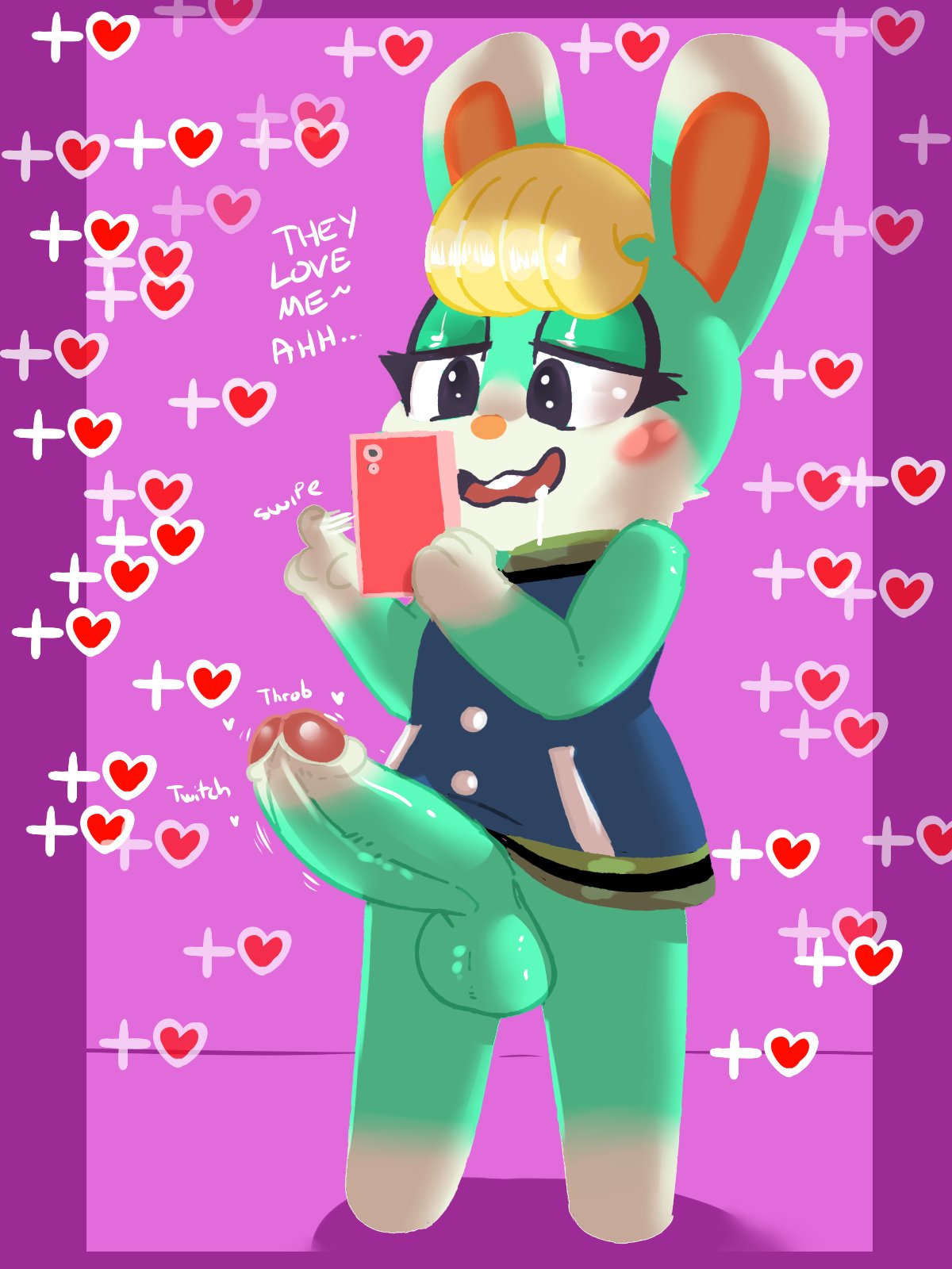 3:4 animal_crossing anthro big_penis bodily_fluids cellphone digital_media_(artwork) drooling fur genitals green_body green_fur hi_res lagomorph male mammal nintendo penis percey phone saliva sasha_(animal_crossing) shaded solo throbbing video_games