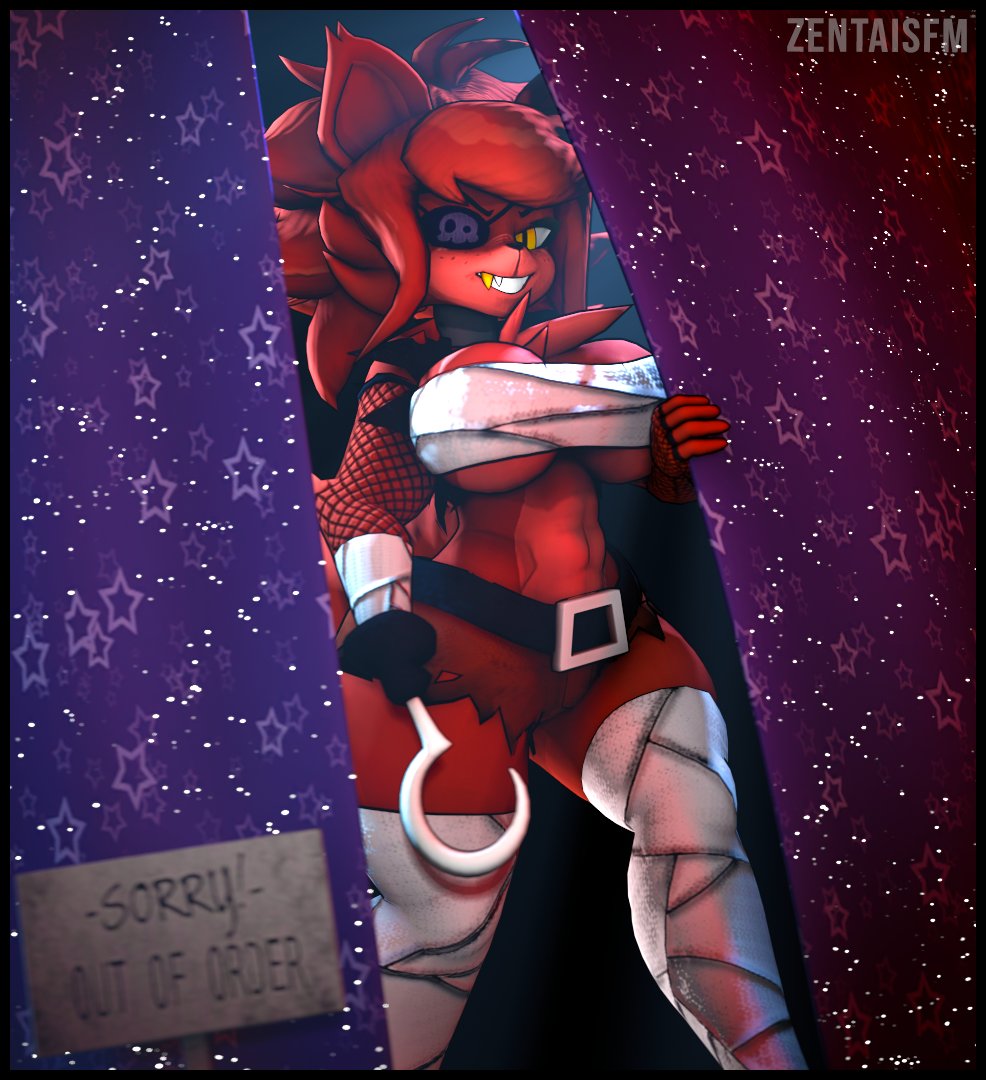 2021 3d_(artwork) abs animatronic anthro athletic belt big_breasts bottomwear breasts canid canine chest_tuft cleavage clothed clothing compression_artifacts crossgender curtains digital_media_(artwork) english_text eye_patch eyewear female fishnet fishnet_armwear five_nights_at_freddy's fox foxy_(cally3d) foxy_(fnaf) fur gold_(metal) gold_tooth grin hair hook_hand inside looking_at_viewer machine mammal partially_clothed red_body red_fur red_hair robot sharp_teeth shorts sign smile solo spiky_hair standing teeth text thick_thighs tuft under_boob video_games wrappings yellow_eyes zentaisfm