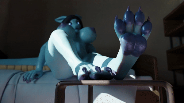 3d_(artwork) animated anthro bed blue_body blue_scales breasts claws digital_media_(artwork) dragon feet female foot_focus furniture haavex haavex_(artist) nipples pawpads paws presenting scales short_playtime solo
