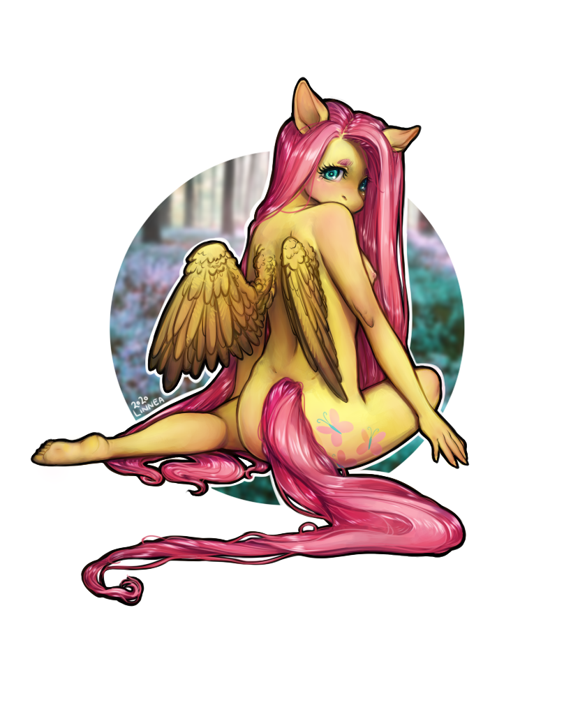 4:5 5_fingers anthro anthrofied areola biped blue_eyes blush breasts cutie_mark epke equid equine eyebrows female fingers fluttershy_(mlp) friendship_is_magic hair hasbro horse long_hair looking_at_viewer mammal my_little_pony nipples pegasus pink_hair pony shy solo wings yellow_body