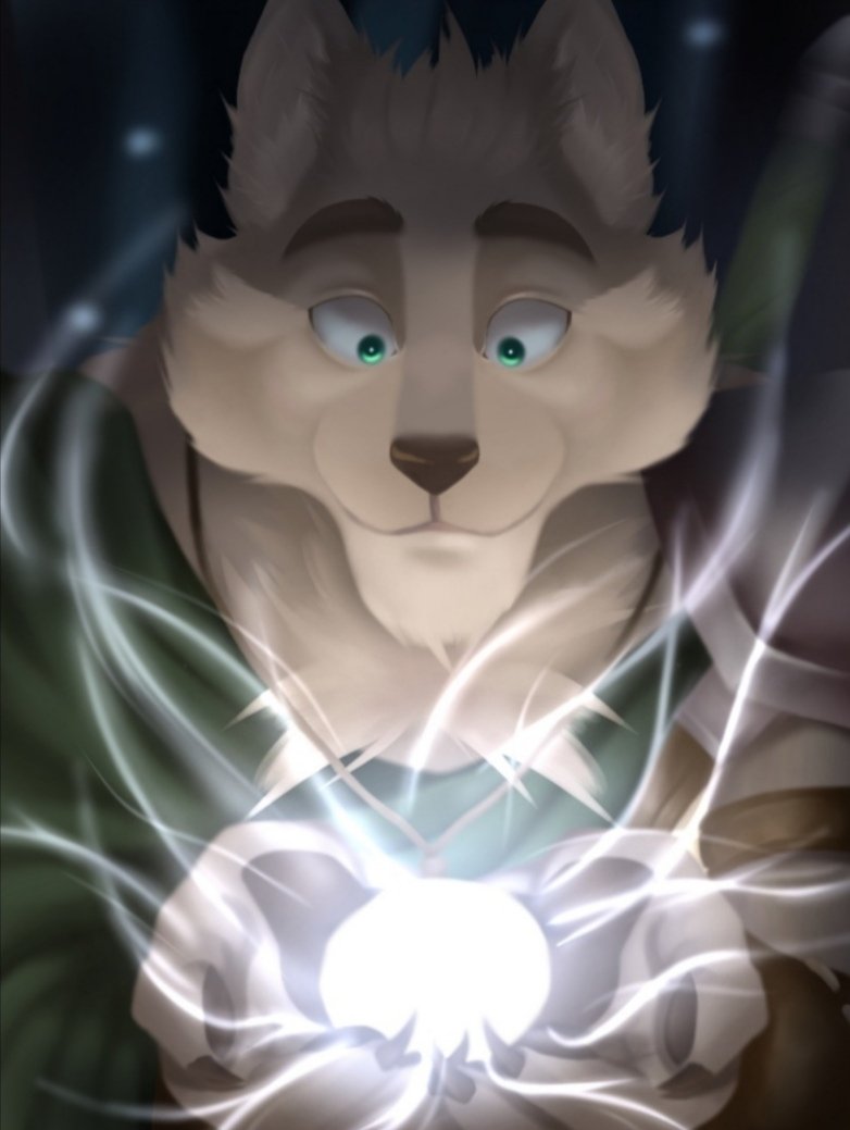 anthro armor canid canine canis cape cheek_tuft chest_tuft clawed_fingers clothing facial_tuft far_beyond_the_world_(series) fur glowing_object green_eyes head_tuft holding_object light male mammal minahitsa multicolored_body multicolored_fur pawpads ranok_(far_beyond_the_world) simple_background solo tuft two_tone_body two_tone_fur video_games visual_novel wolf