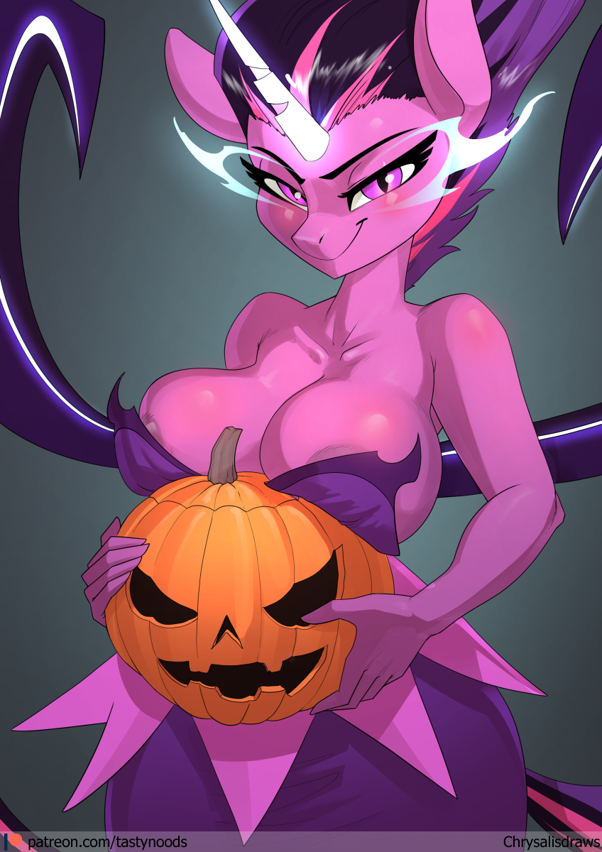 anthro areola areola_slip big_breasts breasts chrysalisdraws cleavage clothed clothing equestria_girls equid equine eyebrows eyelashes female friendship_is_magic hair hi_res holding_object horn jack-o'-lantern long_hair mammal midnight_sparkle_(eg) my_little_pony pupils purple_eyes slit_pupils smile smiling_at_viewer solo twilight_sparkle_(mlp) winged_unicorn wings