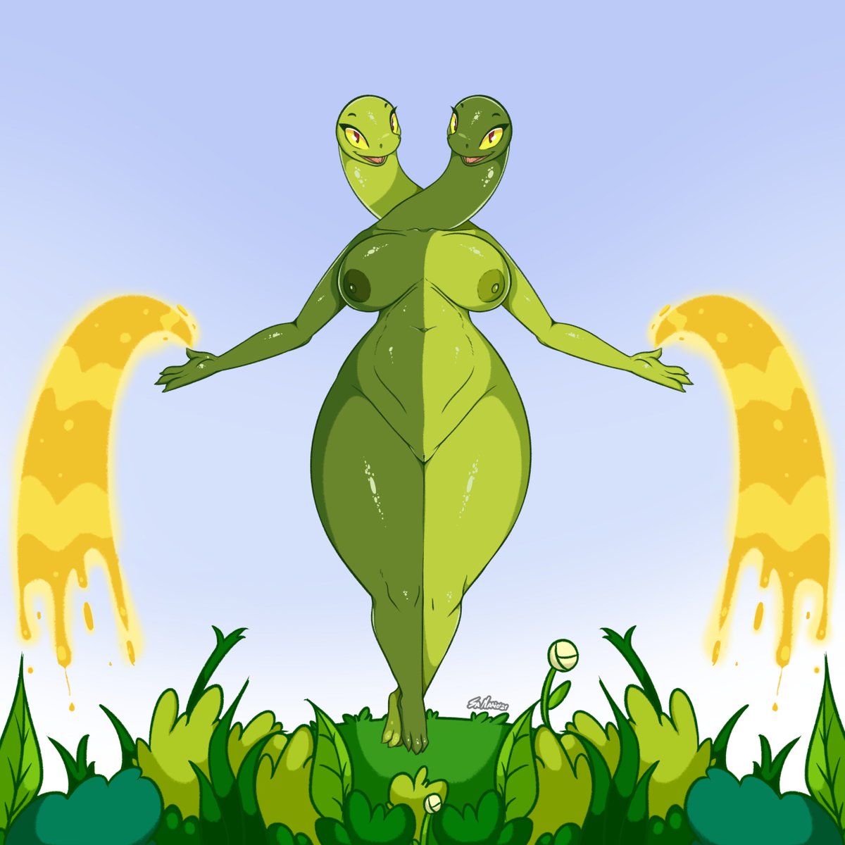 1:1 2021 2_heads 3_toes 4_fingers adventure_time anthro areola barely_visible_genitalia barely_visible_pussy big_breasts biped breasts cartoon_network day digital_media_(artwork) eyebrows eyelashes feet female fingers genitals grass green_body green_nipples green_scales hi_res huge_breasts life_(adventure_time) magic mismatched_nipples multi_head navel nipples nude open_mouth open_smile plant purple_eyes pussy reptile scales scalie sky smile snake solo srmario toes yellow_sclera
