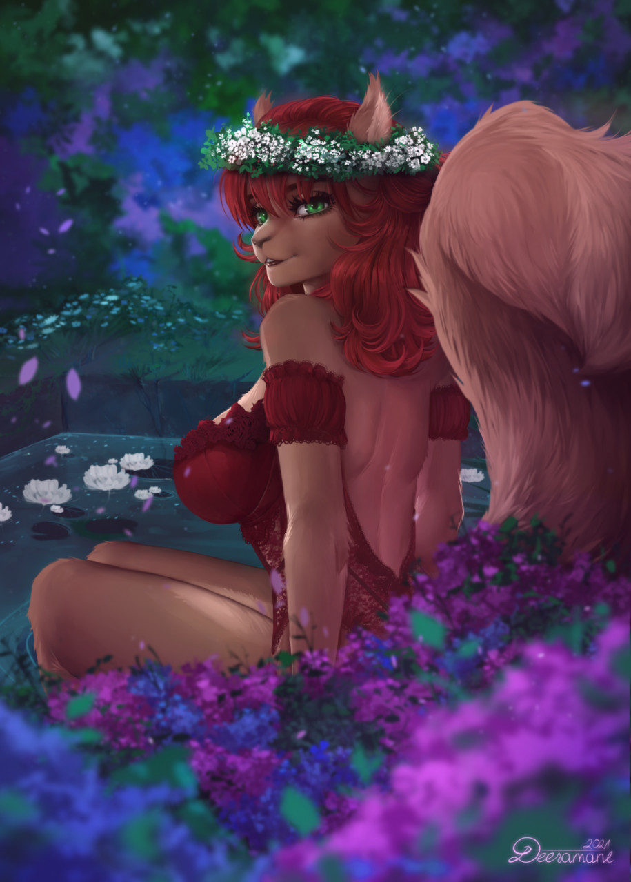 2021 anthro back_muscles backless_dress bare_shoulders breasts brown_body brown_fur brown_hair clothed clothing deesamane dress female flower flower_crown fluffy fluffy_tail forest fur garden hair hi_res juniper_cloudy-tail looking_at_viewer looking_back looking_back_at_viewer mammal nature outside plant rear_view red_clothing red_dress rodent sciurid signature sitting smile solo story story_in_description tree tree_squirrel water