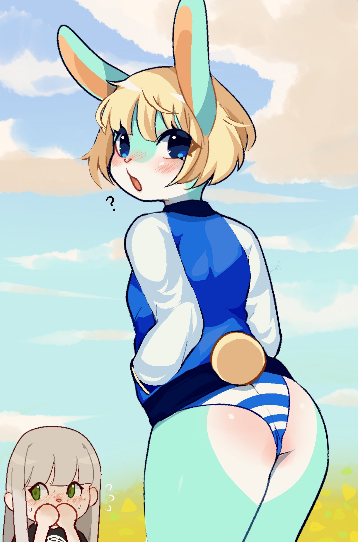 ? animal_crossing anthro blonde_hair blue_body blue_clothing blue_eyes blue_fur blue_jacket blue_topwear blush body_blush bottomwear butt butt_blush clothing cloud countershade_butt countershade_face countershading crossgender digital_media_(artwork) duo eyelashes female fredek666 fur girly green_eyes hair hi_res human jacket lagomorph leporid long_hair long_sleeves looking_at_viewer looking_back looking_back_at_viewer male mammal nintendo open_mouth outside panties pattern_bottomwear pattern_clothing pattern_panties pattern_underwear rabbit rear_view sasha_(animal_crossing) shaded short_hair sky solo_focus striped_bottomwear striped_clothing striped_panties striped_underwear stripes topwear underwear video_games white_body white_countershading white_fur